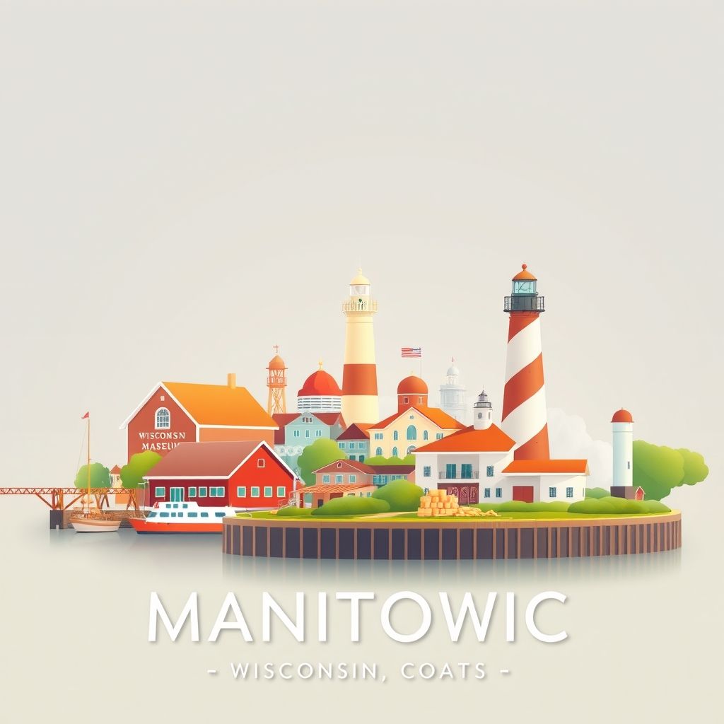 Ultra-high-definition gradient illustration of Manitowoc County, Wisconsin, featuring the Wisconsin Maritime Museum, lighthouses, cheese curds, and frozen custard.