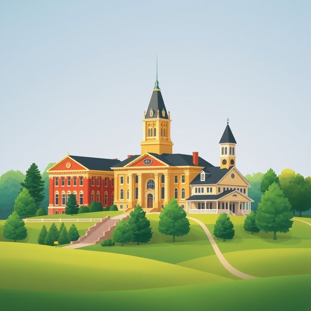 Ultra-high-definition gradient illustration of Town of Mitchell, Sheboygan County, Wisconsin, featuring the Sheboygan County Courthouse, Wade House, Kettle Moraine State Forest, and cheese curds.