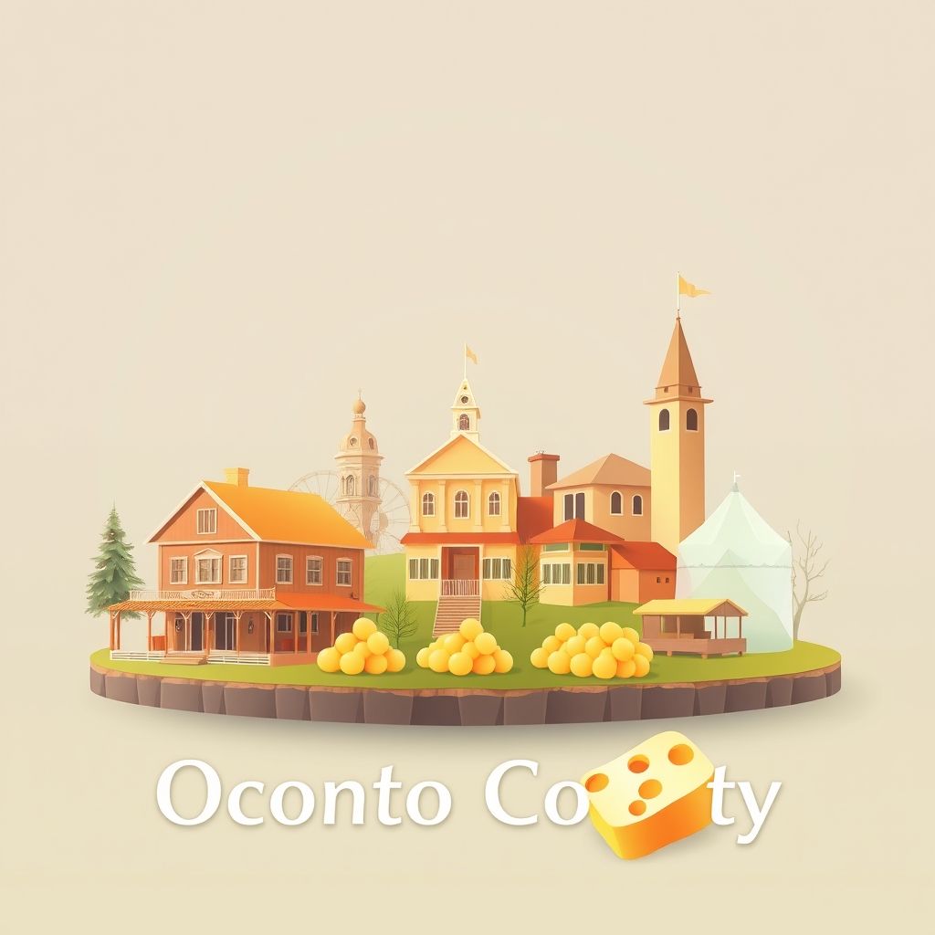 Ultra-high-definition gradient illustration of Oconto County, Wisconsin, featuring the Beyer Home Museum, Copper Culture State Park, and cheese curds.