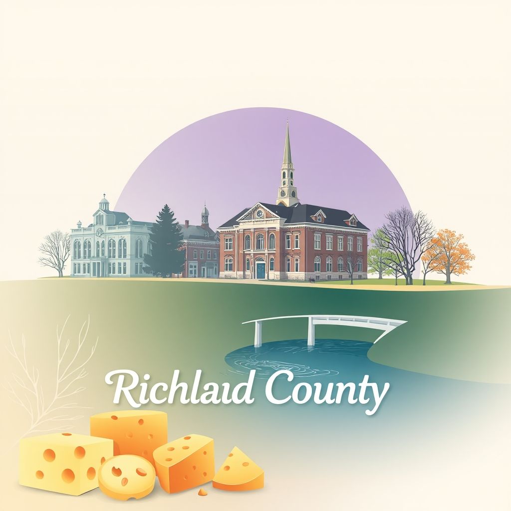 Ultra-high-definition gradient illustration of Richland County, Wisconsin, featuring the Pine River, Richland County Courthouse, and Wisconsin cheese.