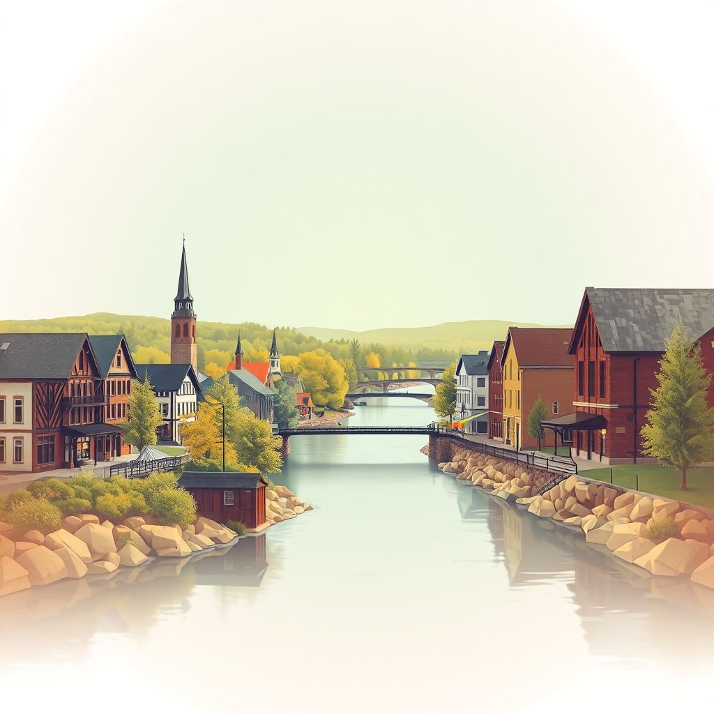 Ultra-high-definition gradient illustration of Village of Roberts, featuring the St. Croix River, Roberts Historic District, and cheese curds.