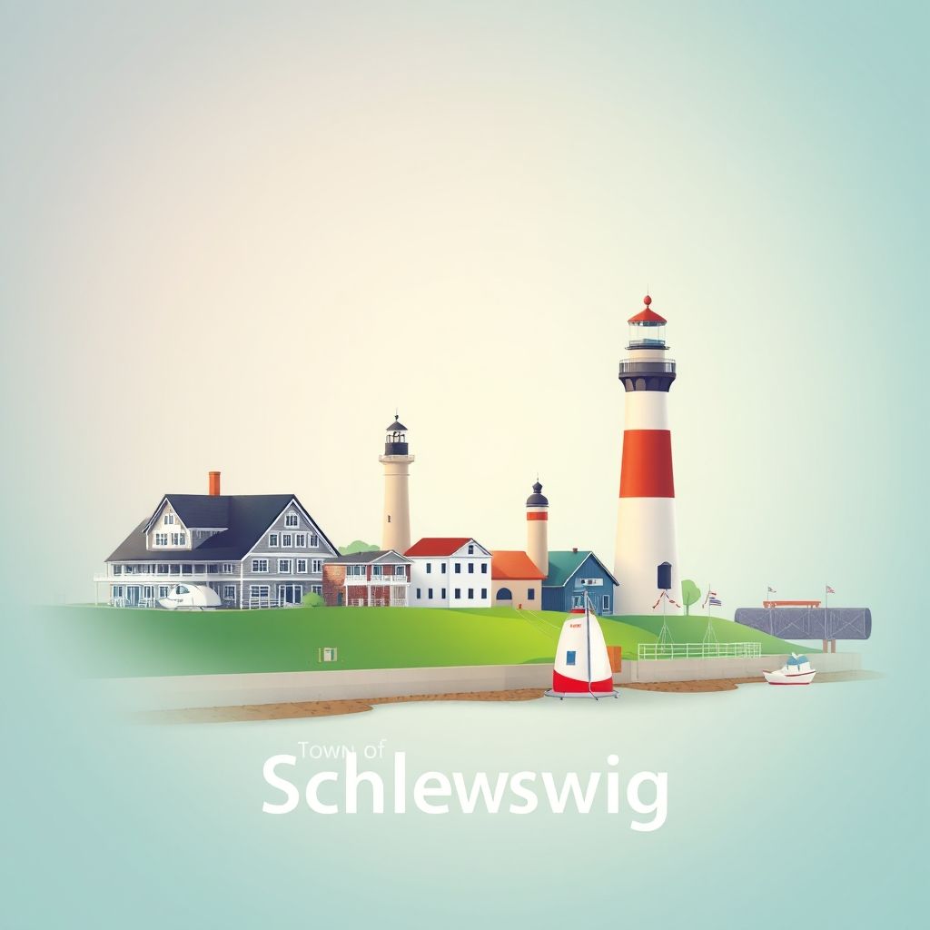Ultra-high-definition gradient illustration of Town of Schleswig, featuring the Wisconsin Maritime Museum, historic lighthouses, dairy farming, and cheese curds.