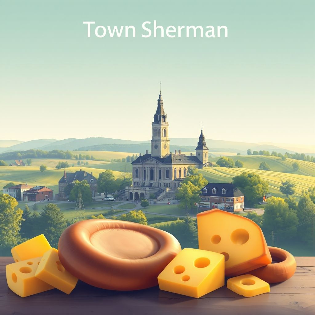 Ultra-high-definition gradient illustration of Town of Sherman, featuring Sheboygan County Courthouse, Wade House, countryside, Wisconsin cheese, and bratwurst.