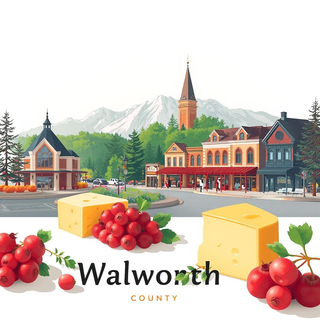 Ultra-high-definition gradient illustration of Walworth County, Wisconsin, featuring the Alpine Valley Music Theatre, Lake Geneva's historic downtown, Wisconsin cheese, and cranberries.