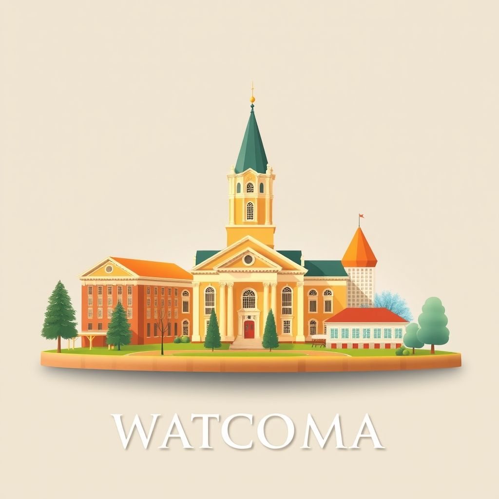 Ultra-high-definition gradient illustration of Wautoma, featuring the Waushara County Courthouse, Silver Lake, and cheese curds.