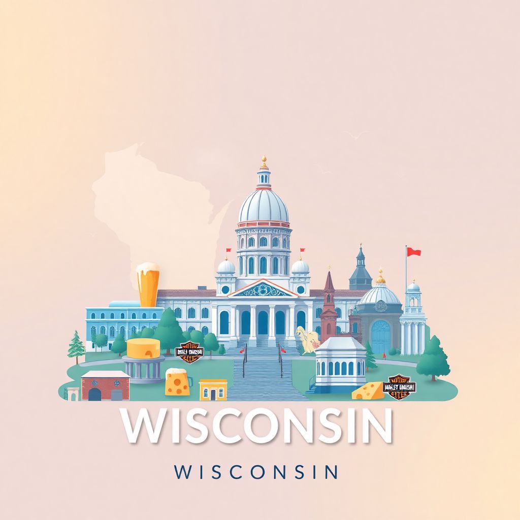 Ultra-high-definition gradient illustration of Wisconsin, featuring the Wisconsin State Capitol, Harley-Davidson Museum, and cheese and beer culture.