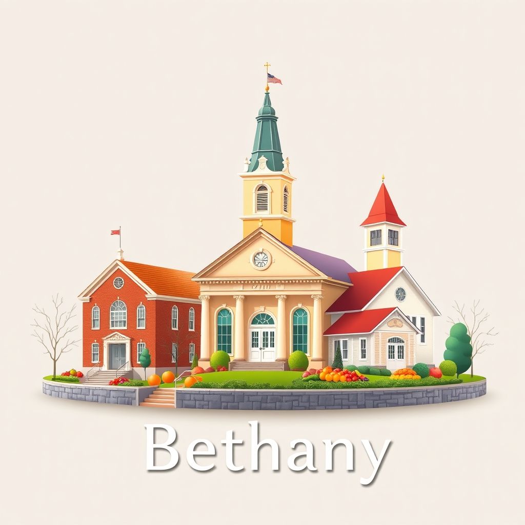 Ultra-high-definition gradient illustration of Bethany, Connecticut, featuring the Bethany Town Hall, Bethany Veterans Memorial, Bethany Center Schoolhouse, and fresh produce from local farms.