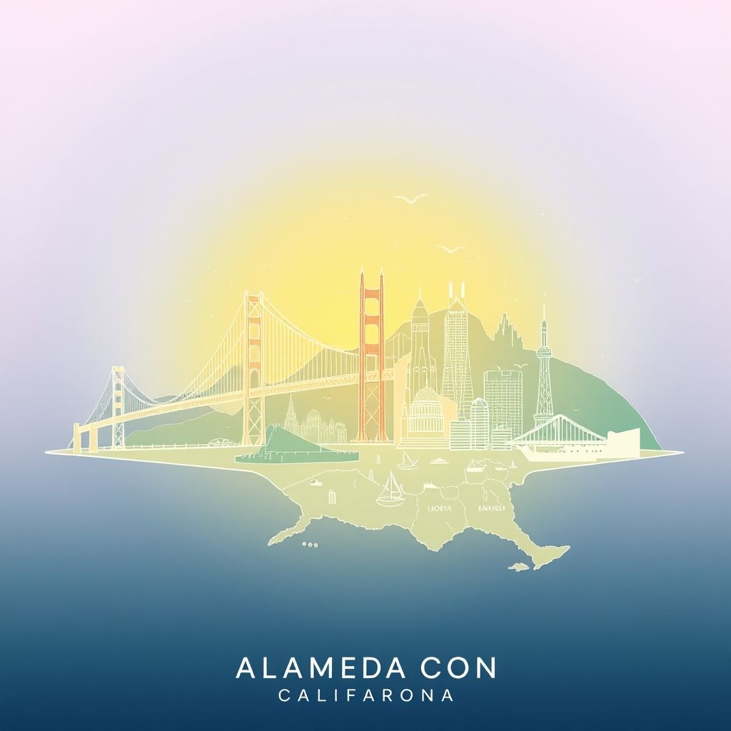 Ultra-high-definition gradient illustration of Alameda County, featuring the Golden Gate Bridge, Pacific Coast, USS Hornet Museum, and Ghirardelli chocolate.