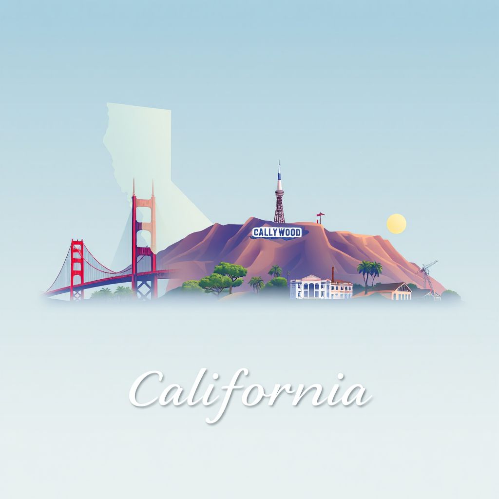 Ultra-high-definition gradient illustration style California artwork, featuring the Golden Gate Bridge and Hollywood Sign.