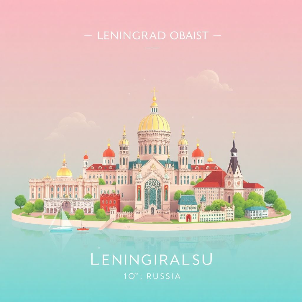 High-definition gradient illustration of Leningrad Oblast, Russia, featuring the Peterhof Palace, Kronstadt Naval Cathedral, and Vyborg.