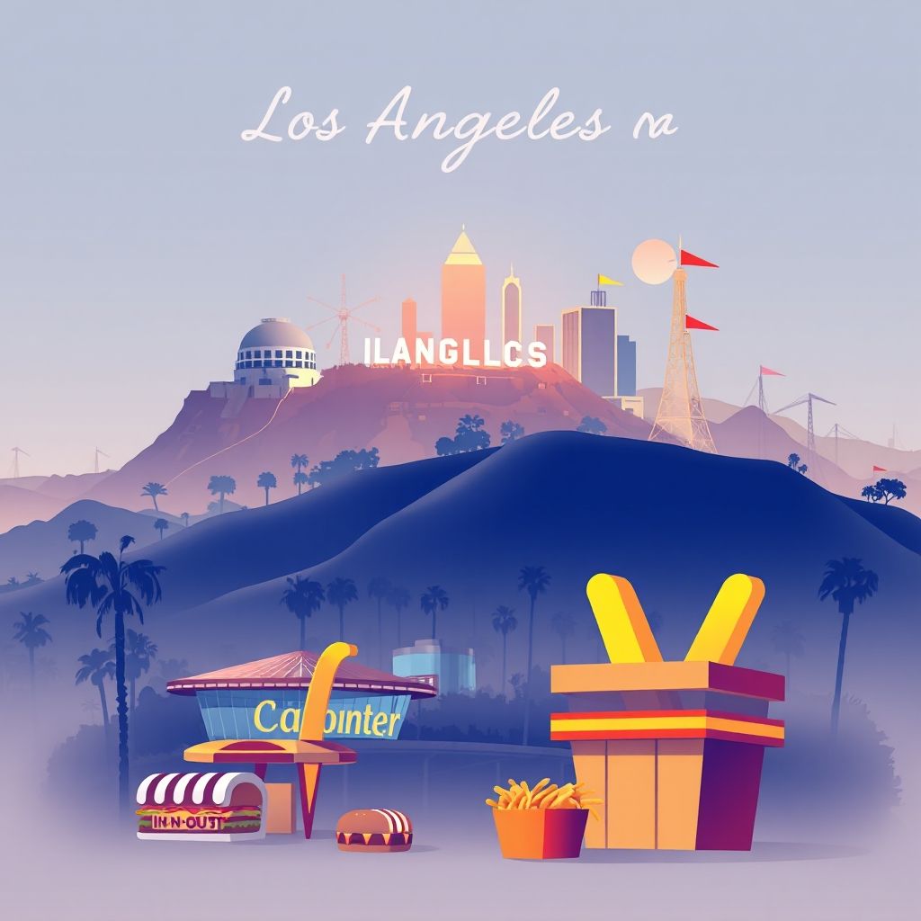 Ultra-high-definition gradient illustration of Los Angeles County, featuring the Griffith Observatory, Hollywood Sign, and In-N-Out Burger, highlighting the region's cultural and geographical characteristics.
