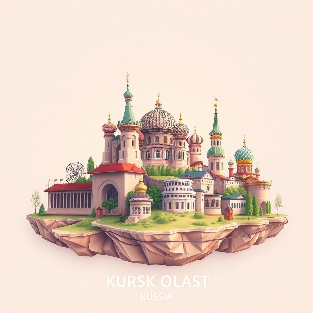 Ultra-high-definition gradient illustration style Kursk Oblast artwork, featuring the Kursk Root Hermitage and the Kursk Magnetic Anomaly.