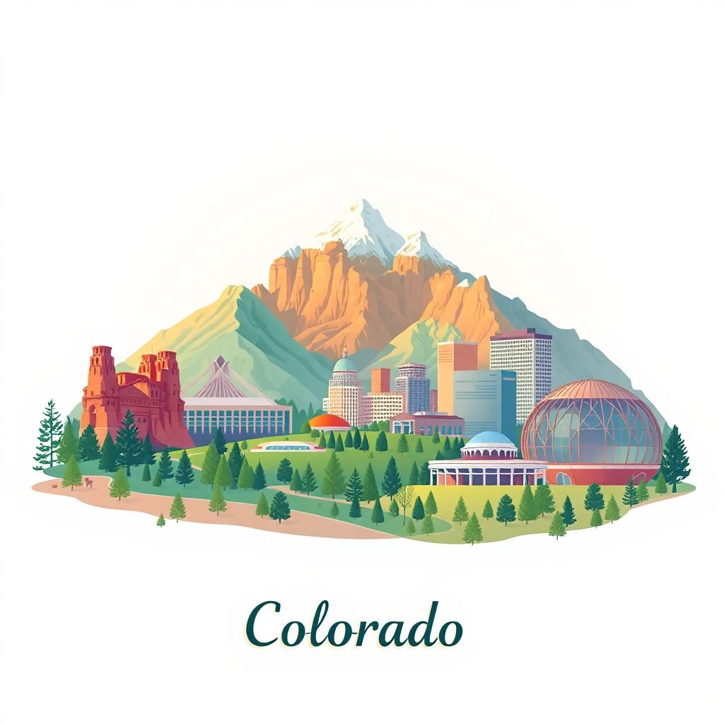Ultra-high-definition gradient illustration style Colorado illustration, showing the unique charm of the Garden of the Gods, the Rocky Mountains, and the Denver Art Museum.