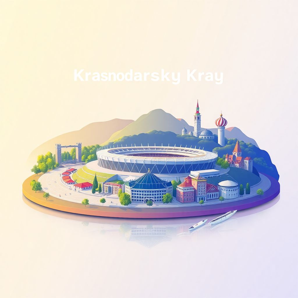 Ultra-high-definition gradient illustration style Krasnodarskiy Kray illustration, showing the unique charm of the Krasnodar Stadium and the Kuban River.