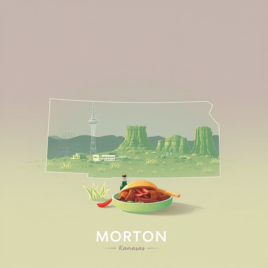 Ultra-high-definition gradient illustration of Morton County, Kansas, featuring the Cimarron National Grassland, the Point of Rocks, and Kansas City-style barbecue.