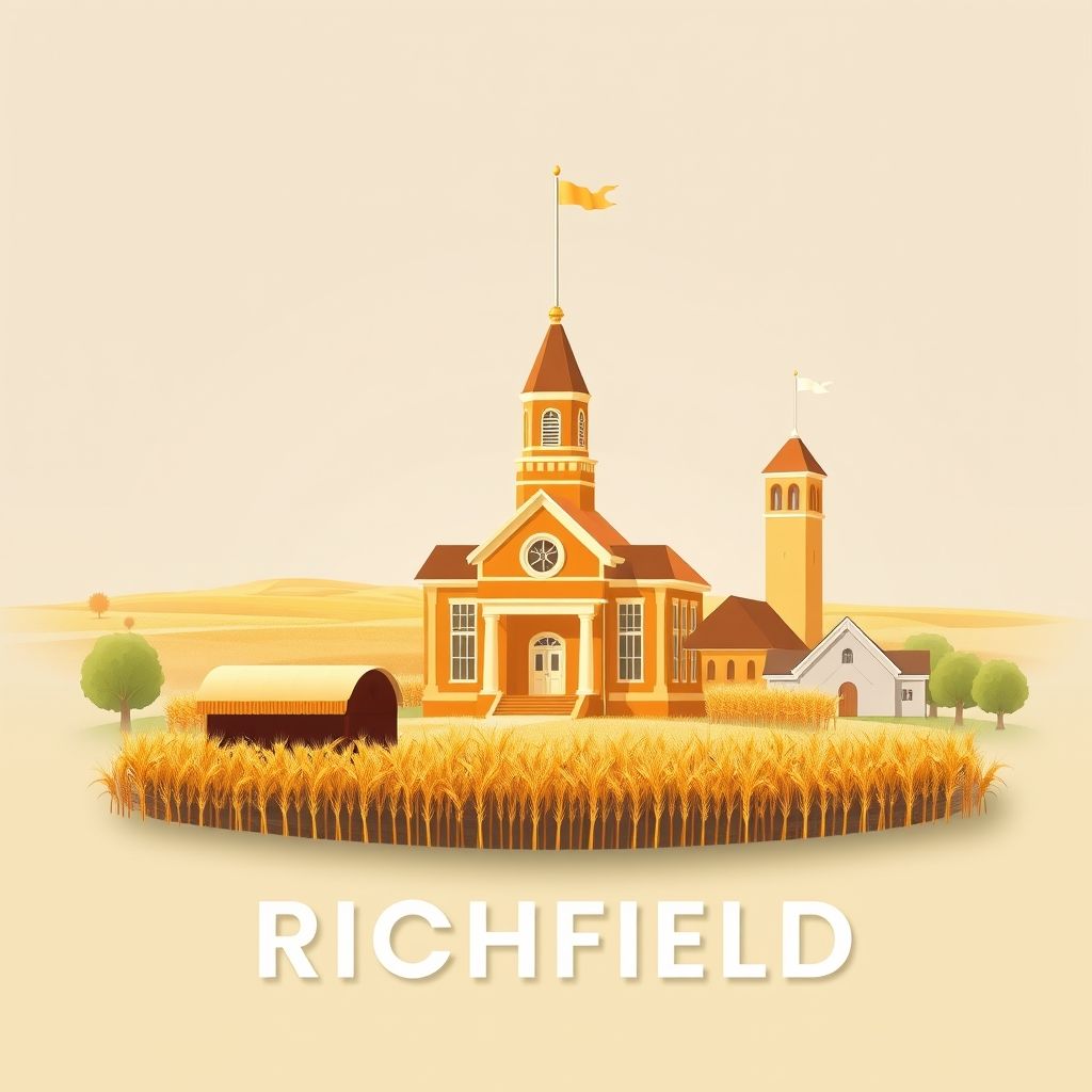 Ultra-high-definition gradient illustration of Township of Richfield, featuring Morton County Courthouse, Richfield School, wheat fields, prairie landscapes, and Kansas City-style barbecue.