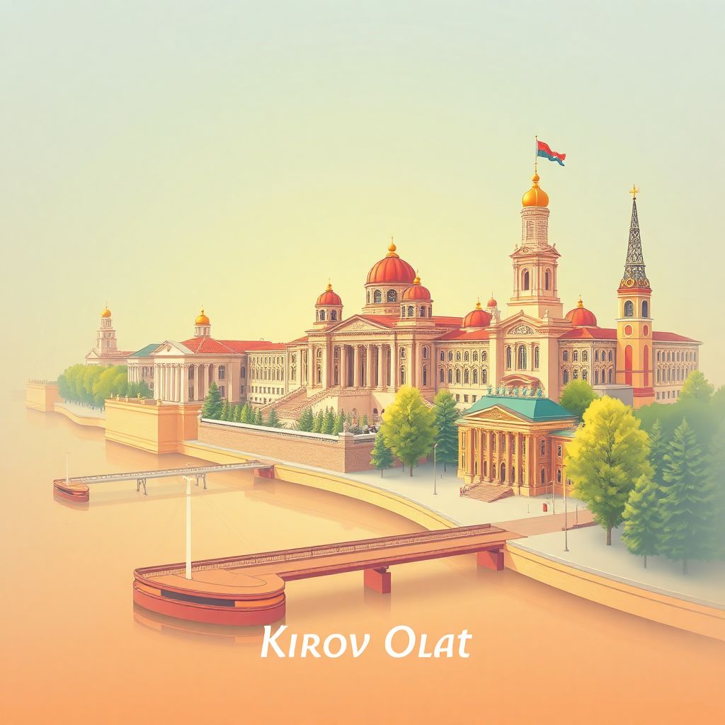 Ultra-high-definition gradient illustration of Kirov Oblast, Russia, featuring the Vyatka River, Kirov Regional Museum, and Theatre Square.