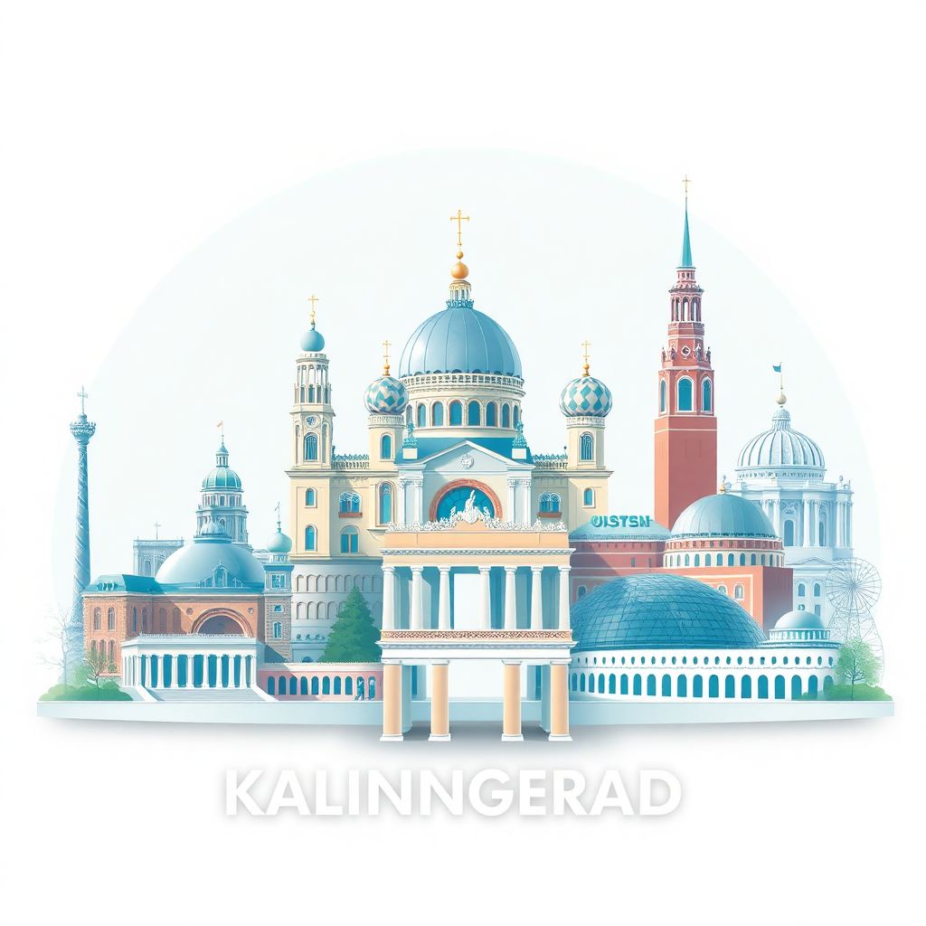 Ultra-high-definition gradient illustration style Kaliningrad Oblast illustration, showing the unique charm of the Königsberg Cathedral, the Brandenburg Gate, and the World Ocean Museum.