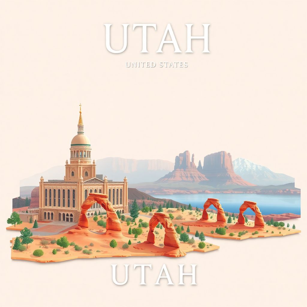 Ultra-high-definition gradient illustration style Utah artwork, featuring Temple Square, Arches National Park, and the Great Salt Lake.