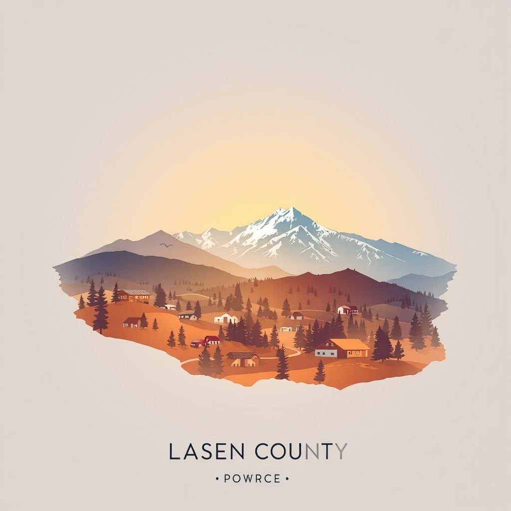 Ultra-high-definition gradient illustration of Lassen County, California, featuring Lassen Volcanic National Park, Sierra Nevada mountains, and local craft beer.