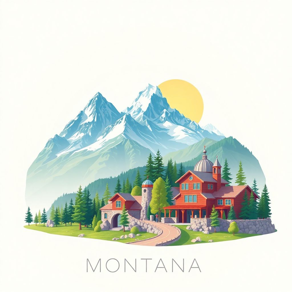 Ultra-high-definition gradient illustration style Montana illustration, showing the unique charm of Glacier National Park, the Going-to-the-Sun Road, and the Museum of the Rockies.
