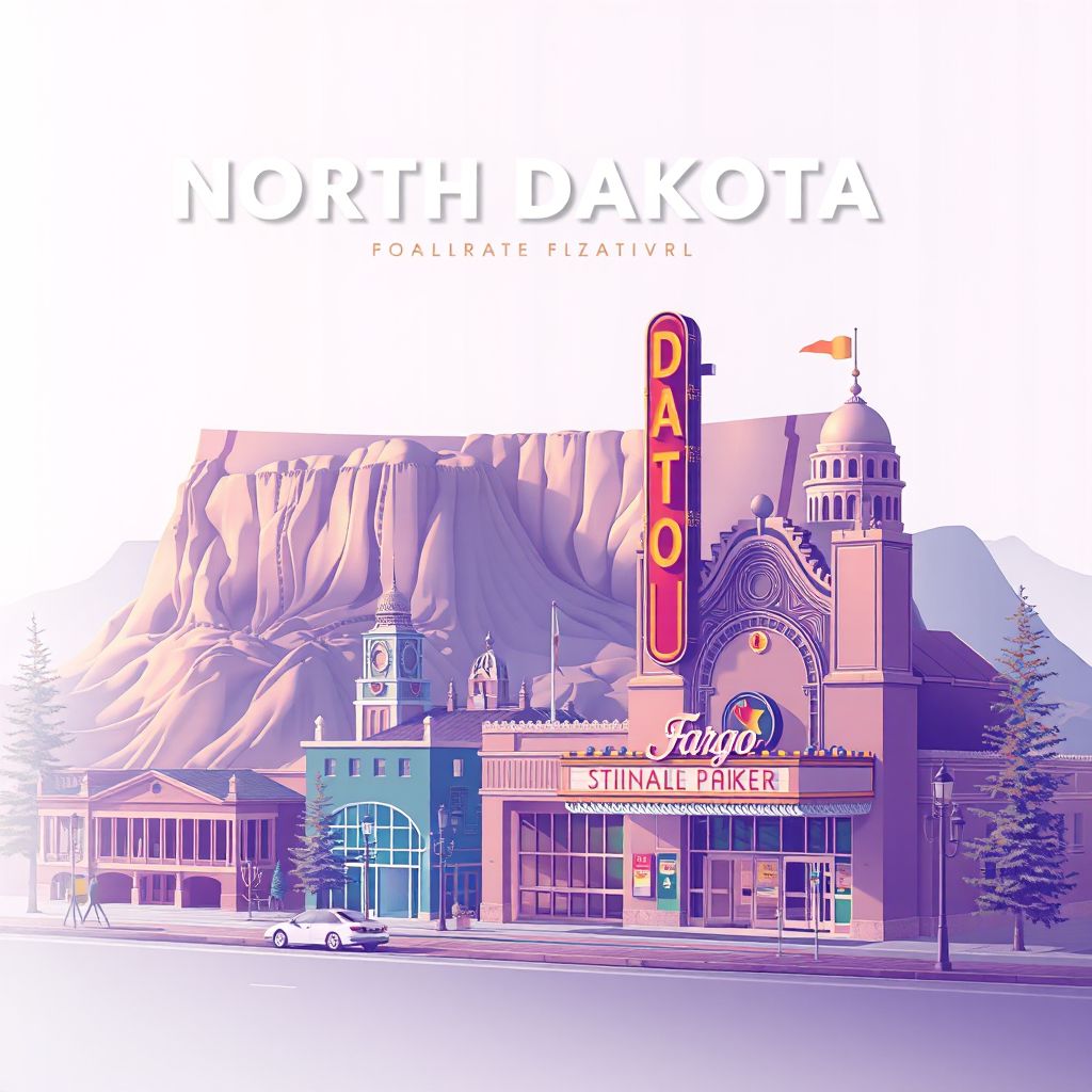 Ultra-high-definition gradient illustration of North Dakota, featuring Theodore Roosevelt National Park and the Fargo Theatre.