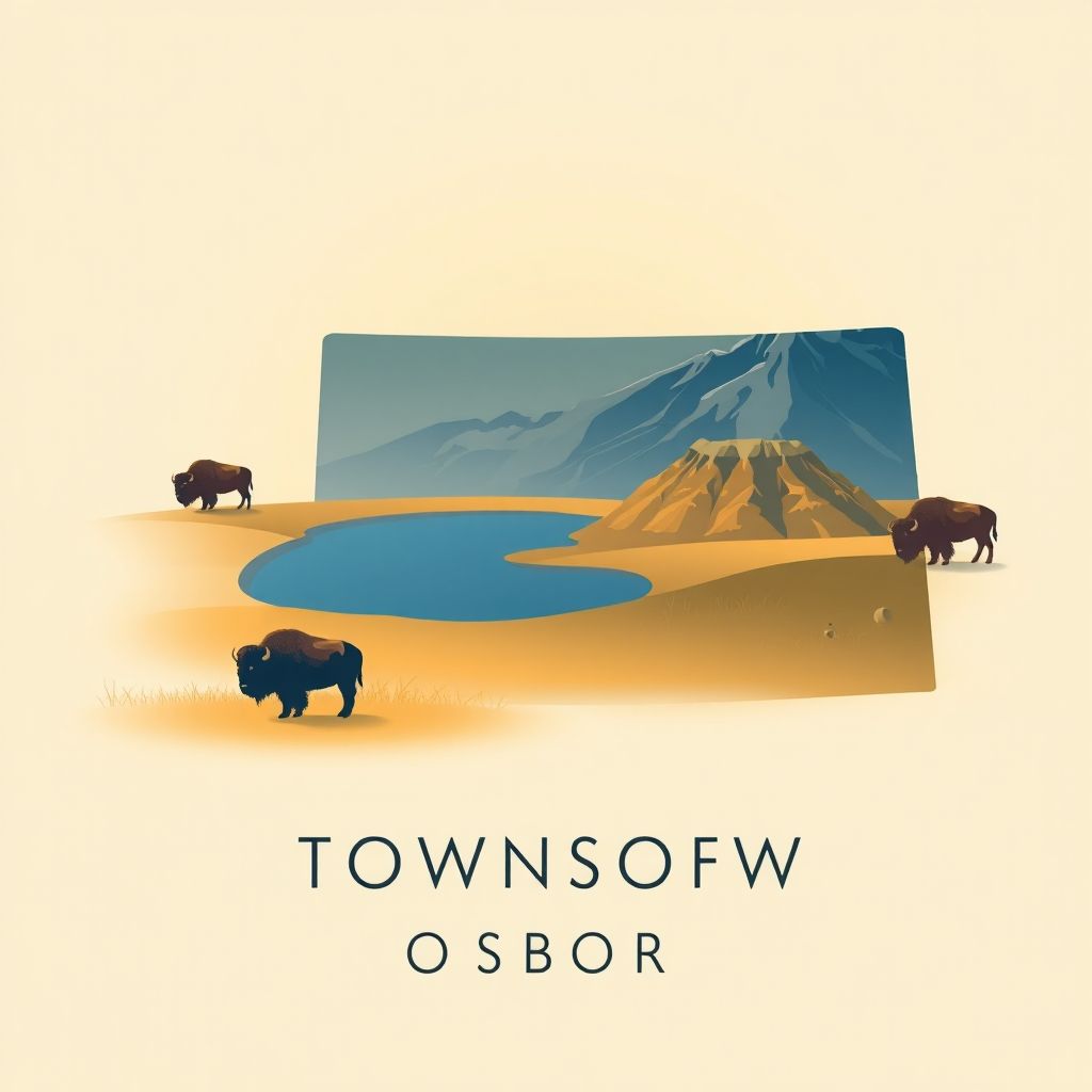 Gradient illustration of Township of Osborn, Mountrail County, North Dakota, featuring Lake Sakakawea, badlands, and bison.