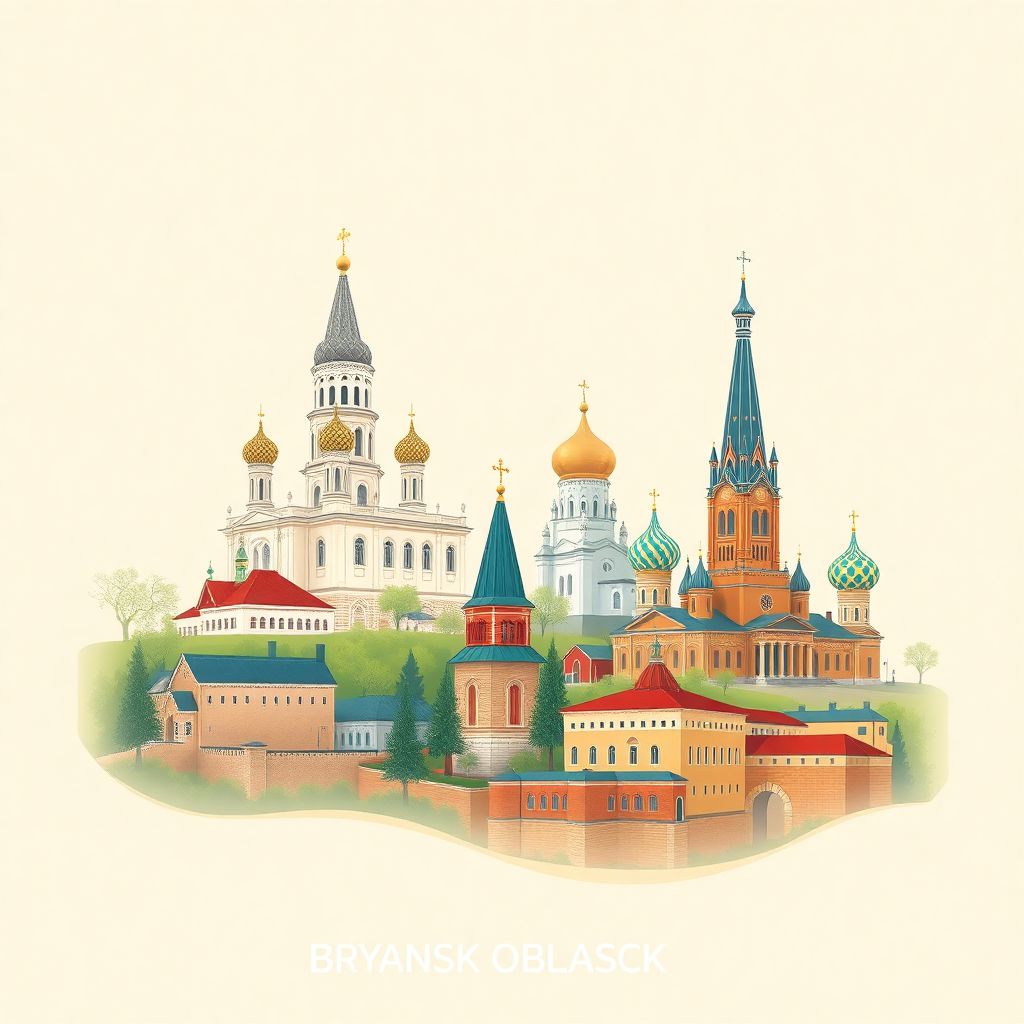 Ultra-high-definition gradient illustration style artwork of Bryansk Oblast, Russia, featuring the Svensky Monastery and Bryansk Cathedral.