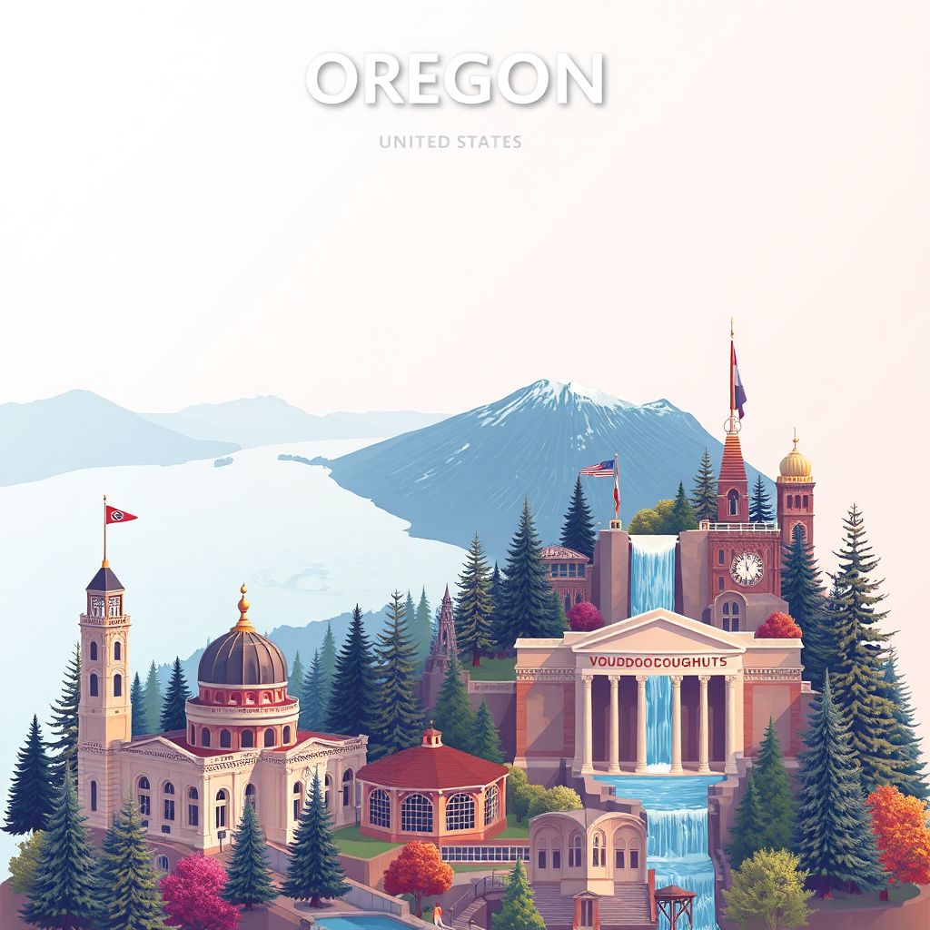 Ultra-high-definition gradient illustration of Oregon, featuring Crater Lake, Multnomah Falls, the Columbia River Gorge, Pioneer Courthouse, and Voodoo Doughnuts.