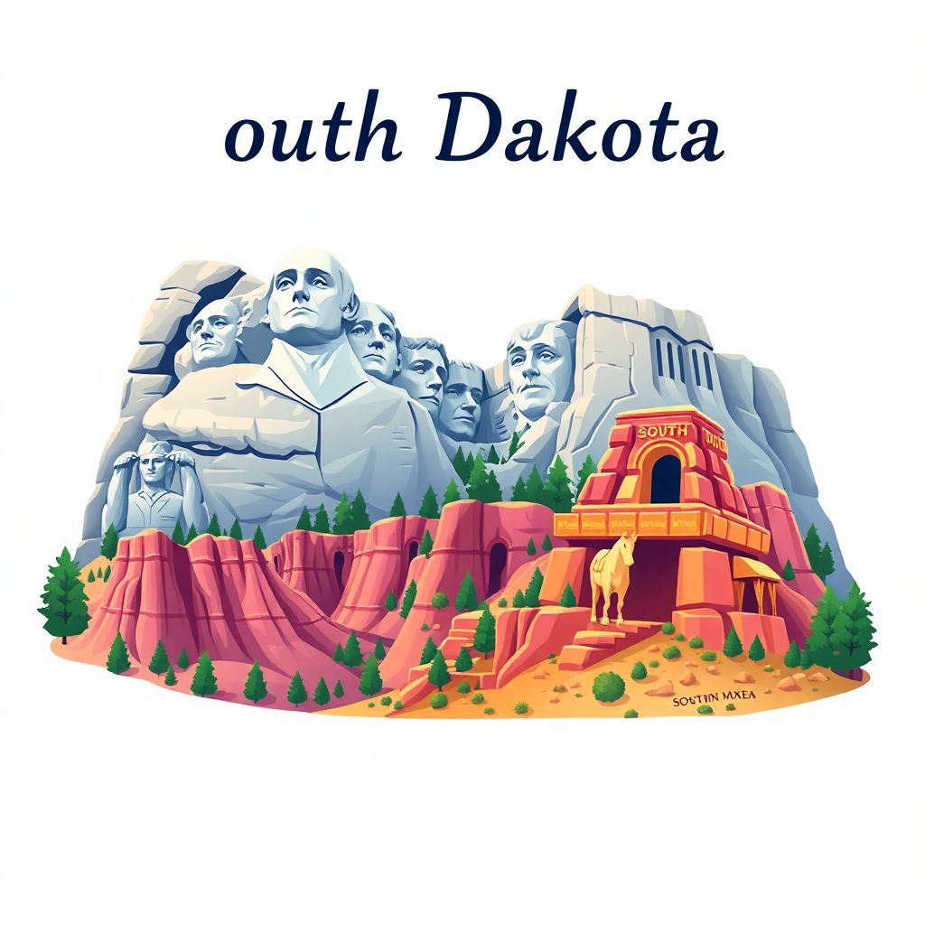 Ultra-high-definition gradient illustration style South Dakota illustration, showing the unique charm of Mount Rushmore National Memorial, Badlands National Park, and the Crazy Horse Memorial.
