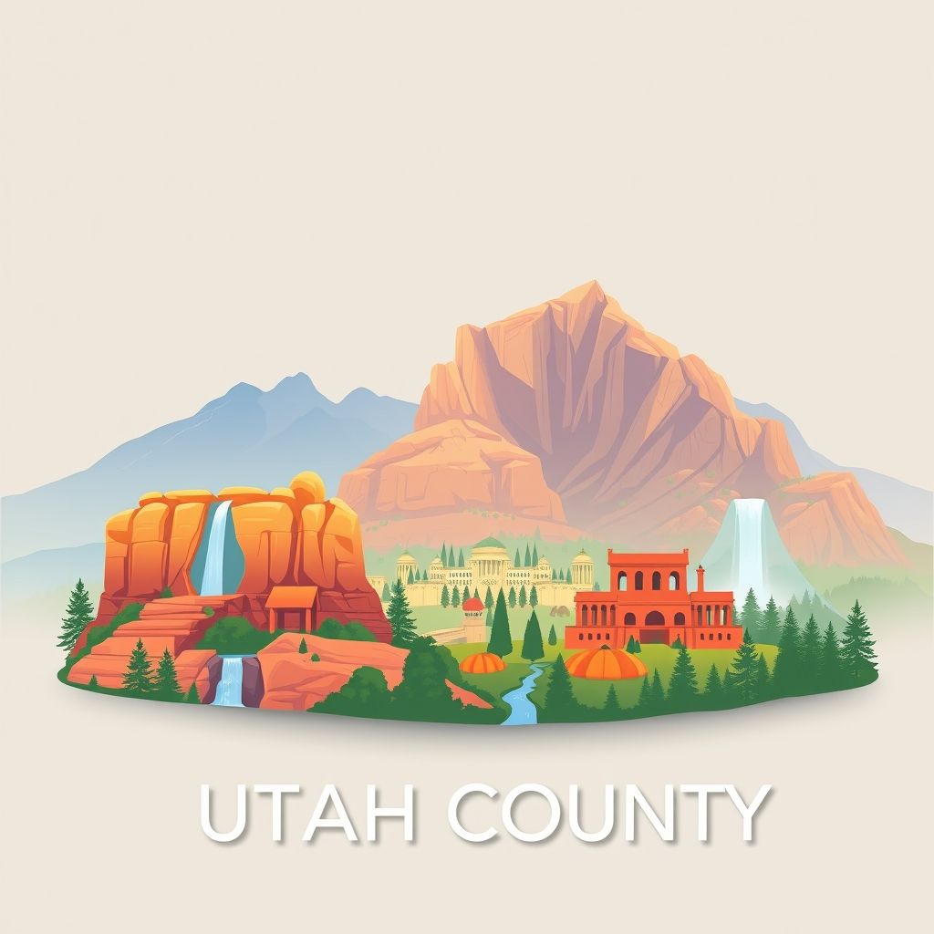 Ultra-high-definition gradient illustration of Utah County, Utah, featuring Bridal Veil Falls, Timpanogos Cave National Monument, and funeral potatoes.