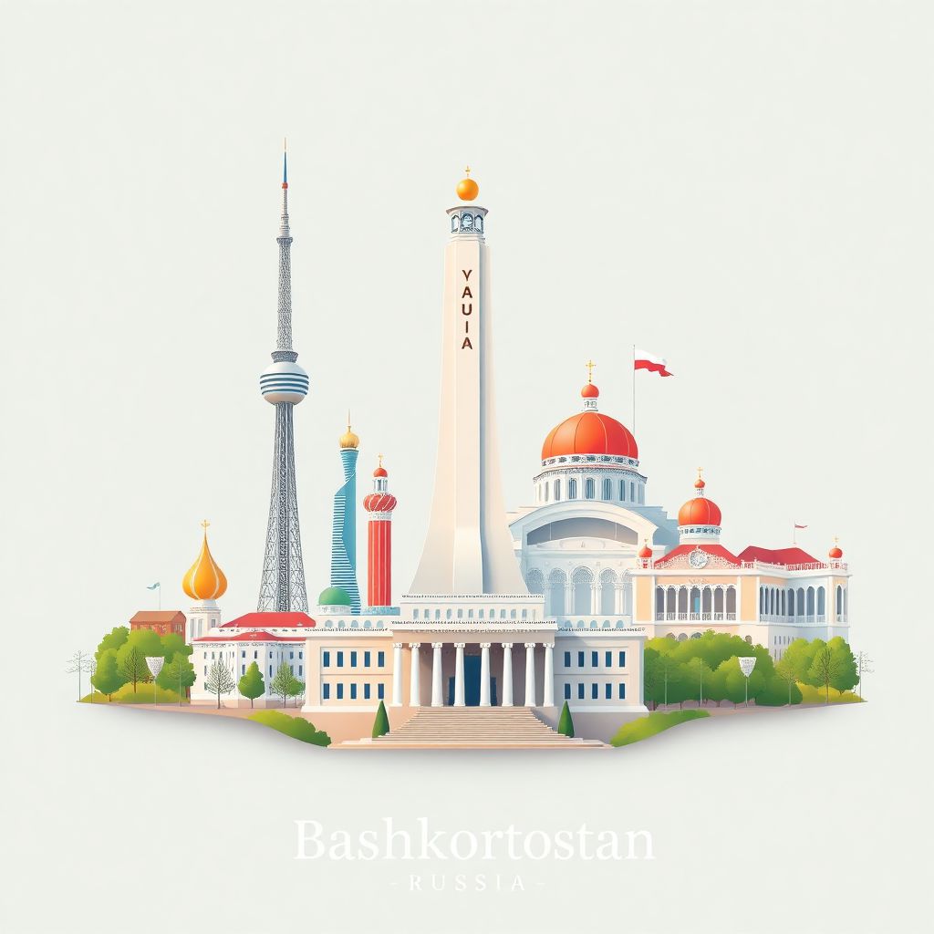 Ultra-high-definition gradient illustration style Bashkortostan artwork, featuring the Ufa Television Tower, the Salavat Yulaev Monument, and the Bashkir State Opera and Ballet Theater.