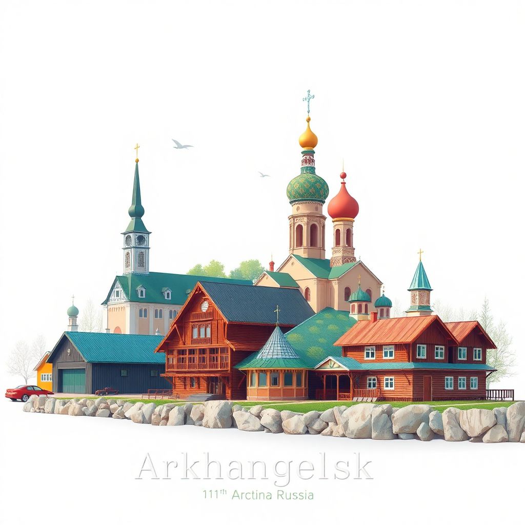 Ultra-high-definition gradient illustration of Arkhangelsk Oblast, featuring the Arkhangelsk Northern (Arctic) Maritime Museum, Solovetsky Monastery, and historic wooden architecture.