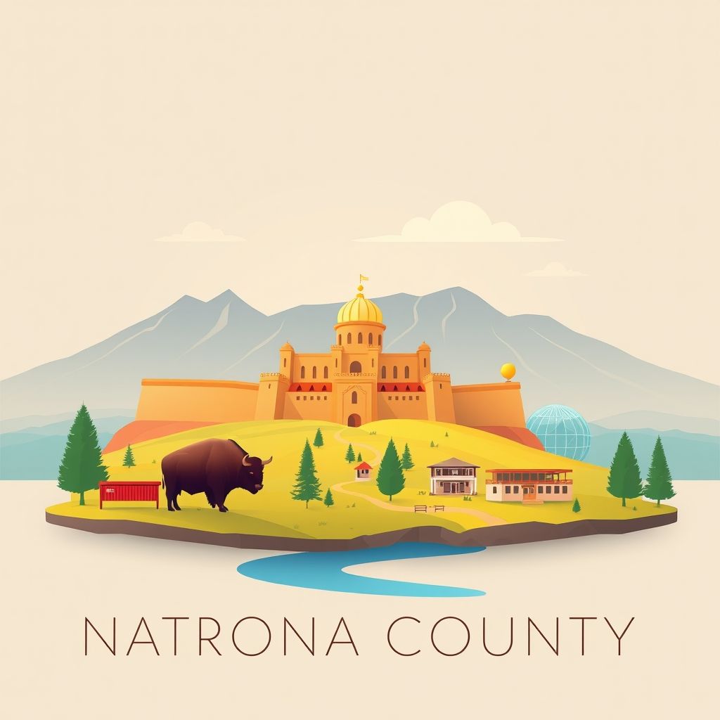 Ultra-high-definition gradient illustration of Natrona County, Wyoming, featuring the Fort Caspar Museum and Historic Site, the North Platte River, and bison burgers.