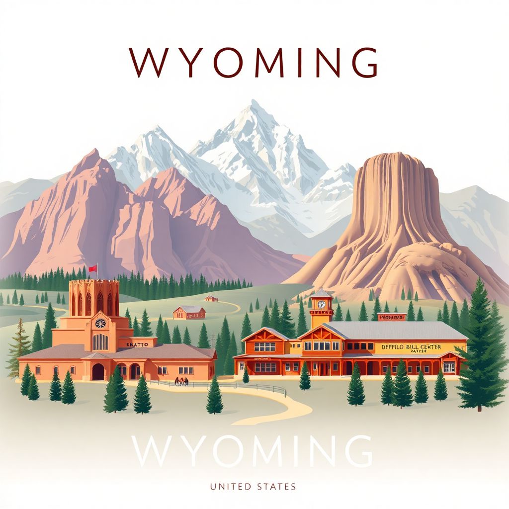 Ultra-high-definition gradient illustration style Wyoming illustration, showing the unique charm of the Grand Teton National Park, the Devils Tower National Monument, and the Buffalo Bill Center of the West.