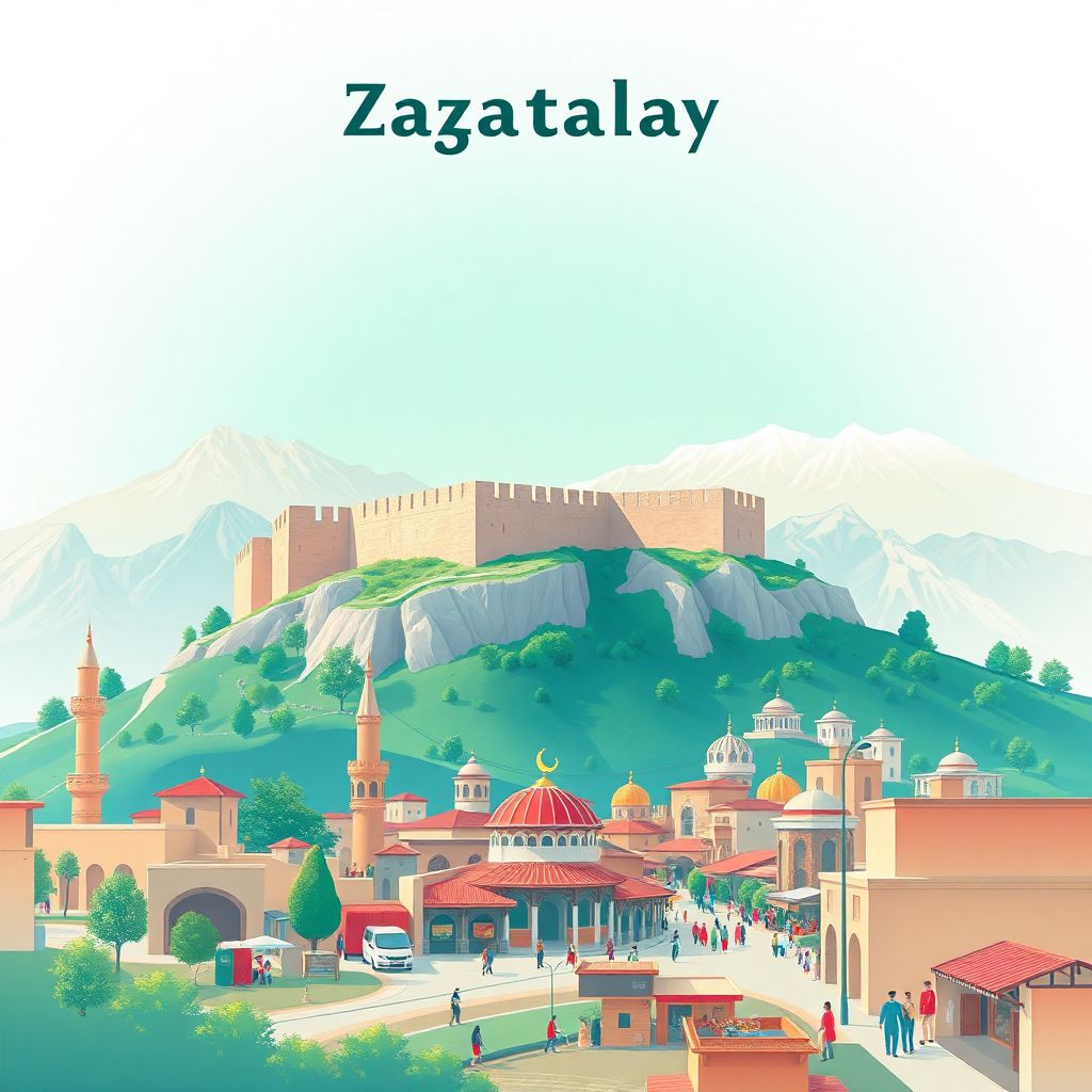 Ultra-high-definition gradient illustration of Zaqatala Rayon, featuring the Zaqatala Fortress, Caucasus Mountains, and Zaqatala Bazaar.