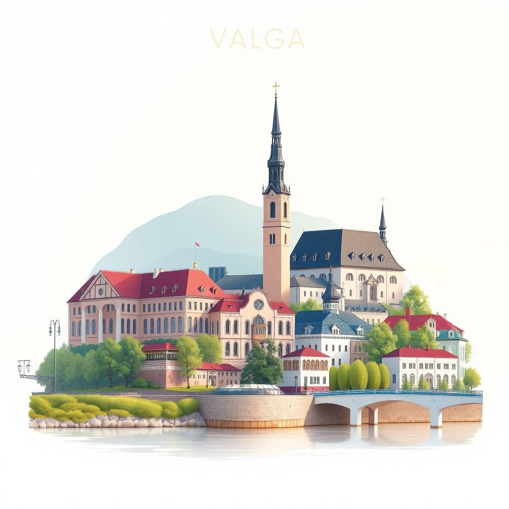 Ultra-high-definition gradient illustration style Valga illustration, showing the unique charm of the Valga Central Square, the Valga Cultural Center, and the Valga River.