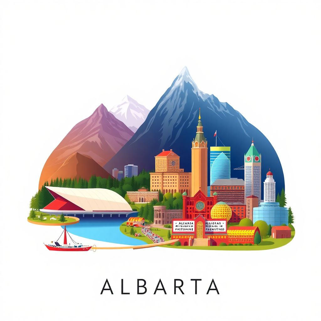 Ultra-high-definition gradient illustration of Alberta, Canada, featuring Banff National Park, the Calgary Stampede, and Edmonton's cityscape.
