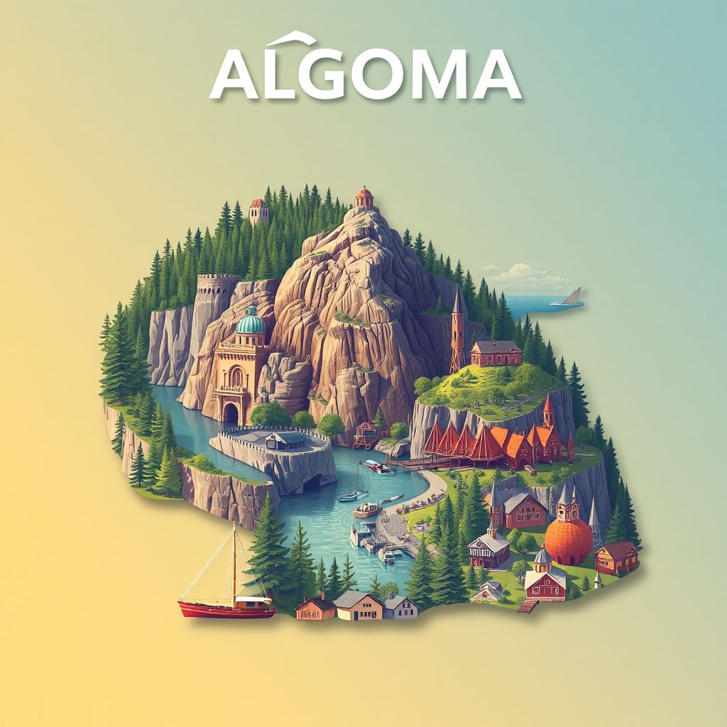 Ultra-high-definition gradient illustration style Algoma landscape, featuring Agawa Canyon, Lake Superior, and Group of Seven's painting locations.