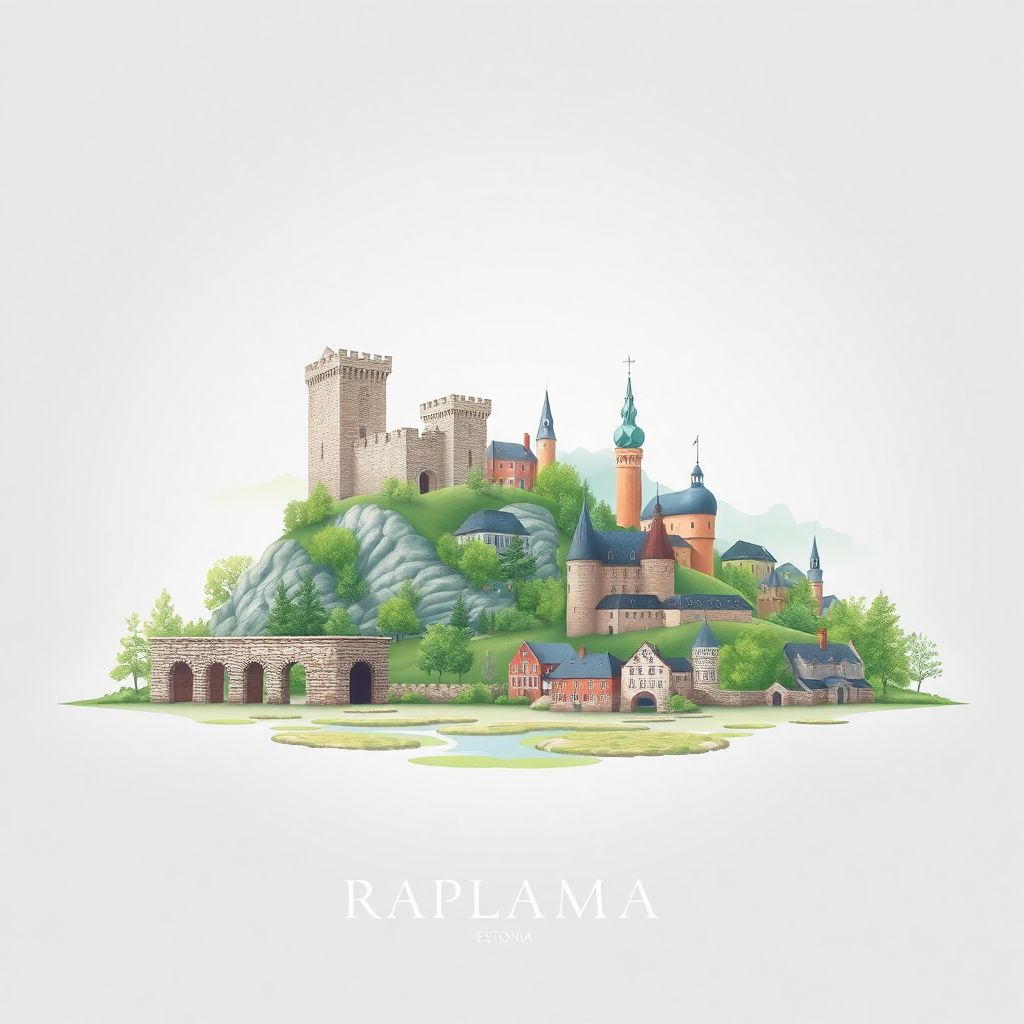 Ultra-high-definition gradient illustration style Raplamaa, Estonia illustration, showing the unique charm of the ruins of Koluvere Castle, the Keava Bog, and Põltsamaa Castle.