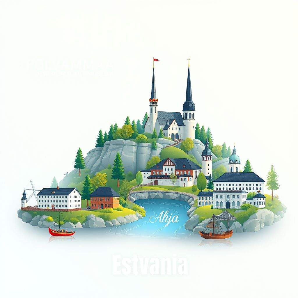 Ultra-high-definition gradient illustration style Polvamaa illustration, showing the unique charm of the Ahja River, the Taevaskoja Scenic Area, and the Polva County Museum.