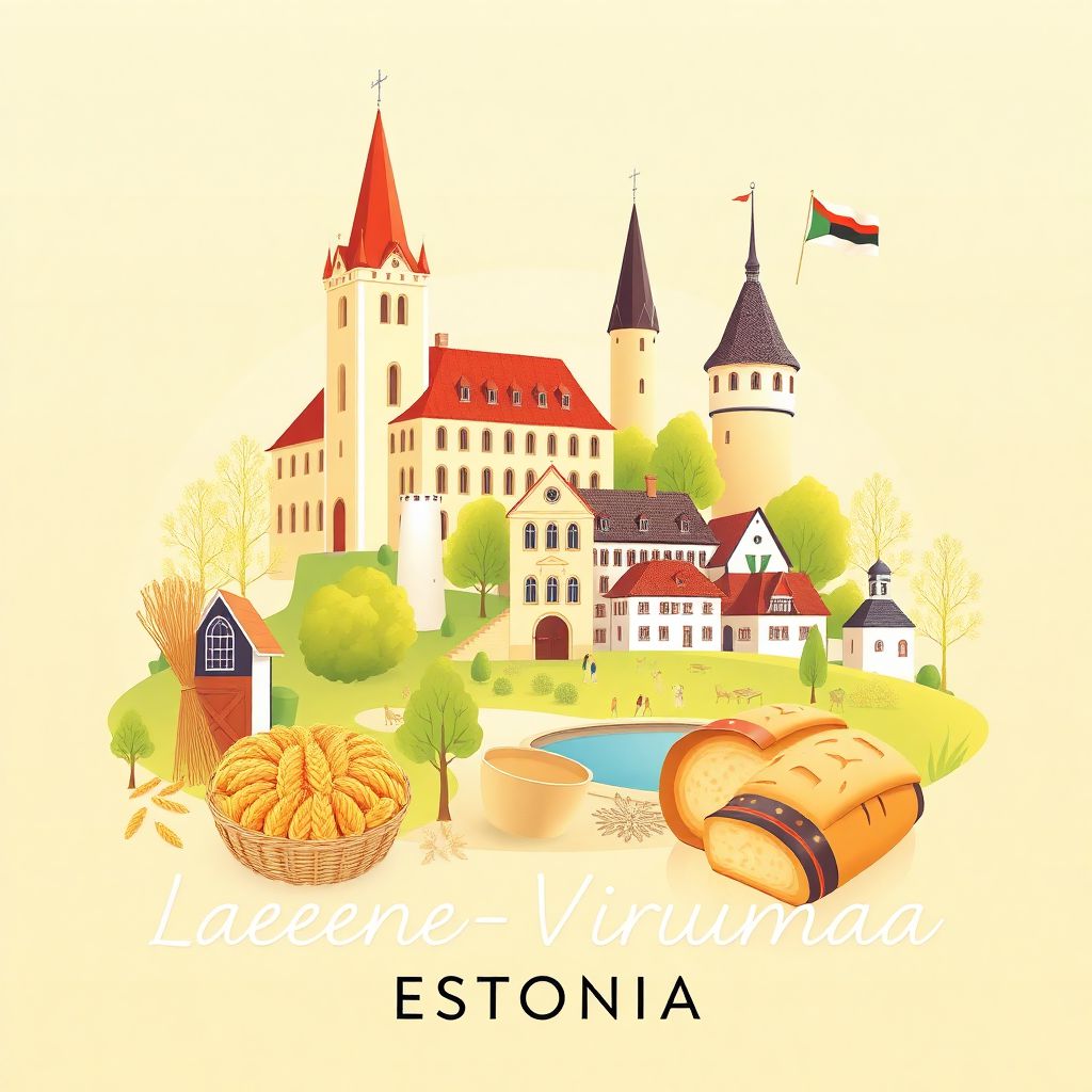 Ultra-high-definition gradient illustration style Laeaene-Virumaa, Estonia illustration, featuring Rakvere Castle, Palmse Manor, and traditional Estonian rye bread.