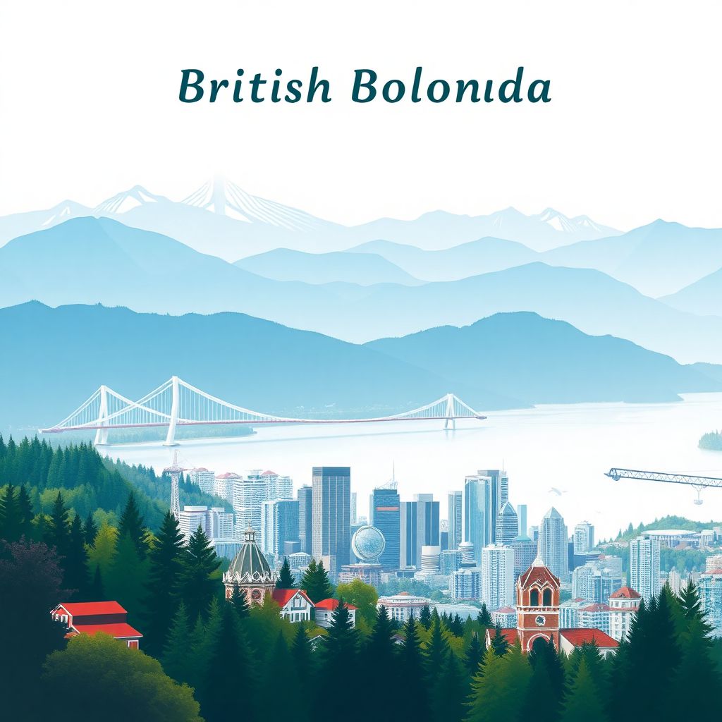 Ultra-high-definition gradient illustration of British Columbia, featuring Stanley Park, the Capilano Suspension Bridge, and Vancouver's cityscape.
