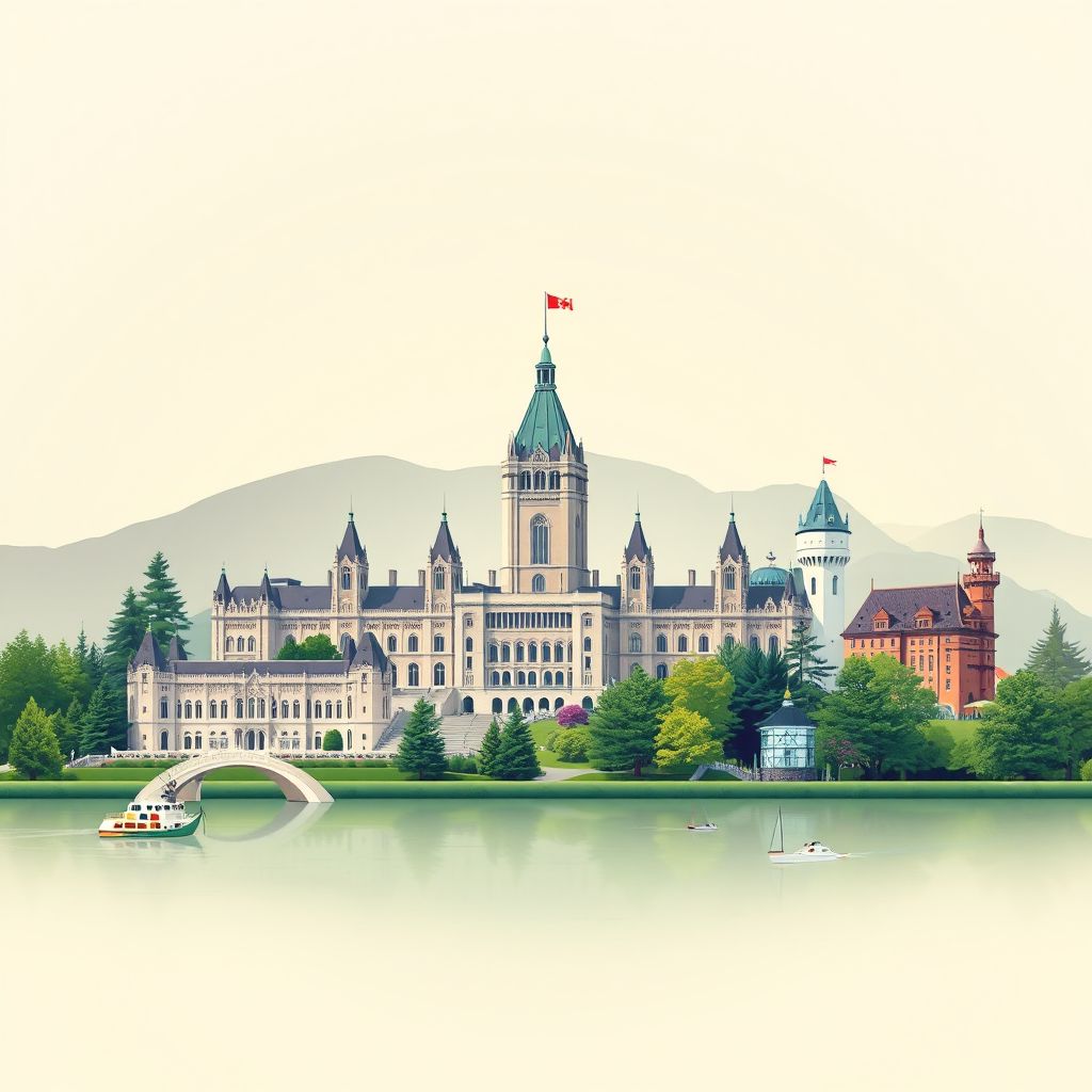 Ultra-high-definition gradient illustration of the Capital Regional District, featuring the British Columbia Parliament Buildings, Butchart Gardens, and Hatley Castle.