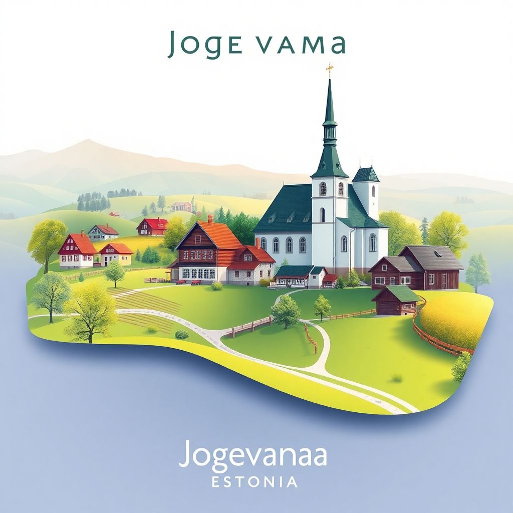 Ultra-high-definition gradient illustration style Jogevamaa illustration, showing the unique charm of beautiful countryside landscapes, traditional wooden houses, and the historic Jogeva Town Hall.