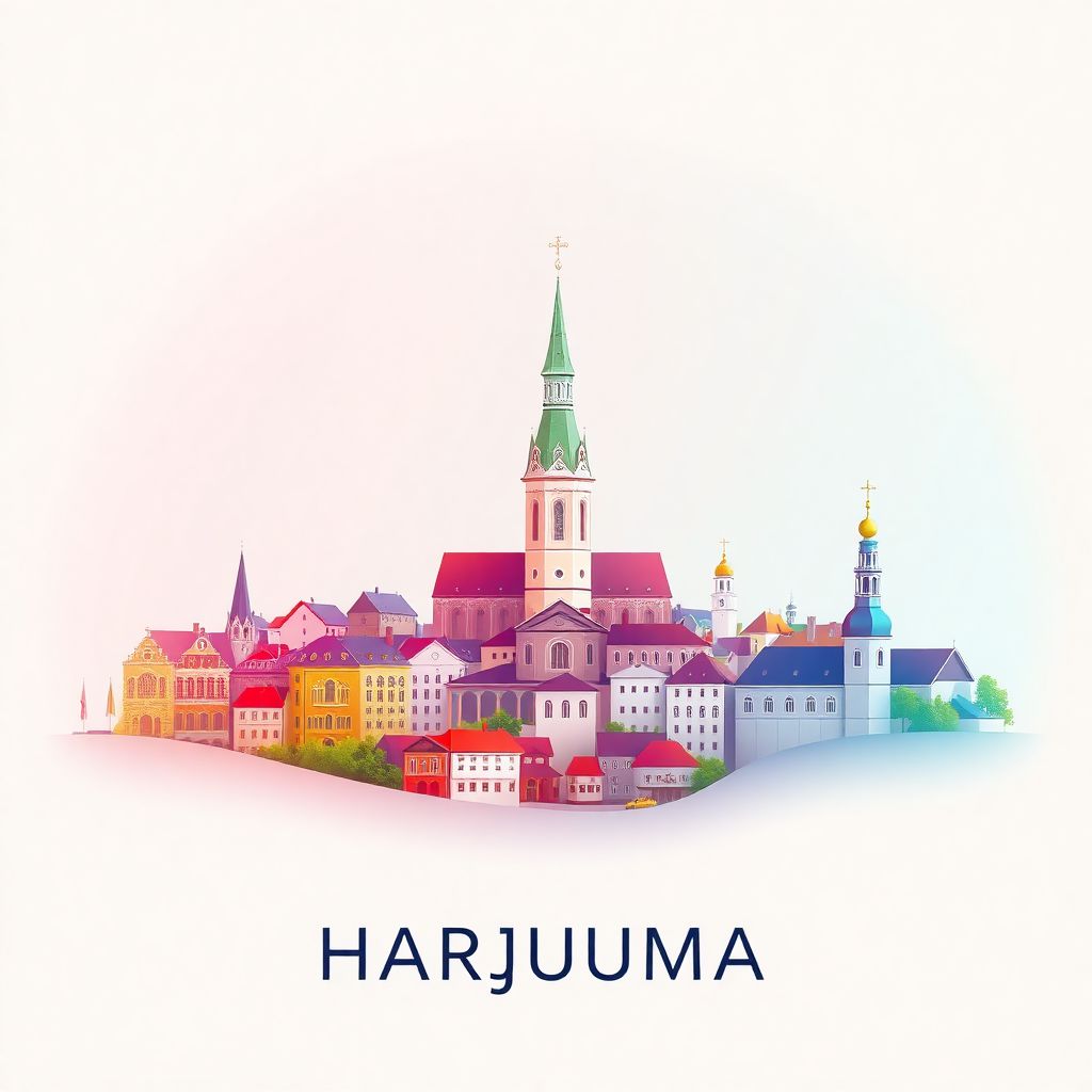 Ultra-high-definition gradient illustration style of Harjumaa, Harjumaa, Estonia, featuring Tallinn's Old Town and the Alexander Nevsky Cathedral.