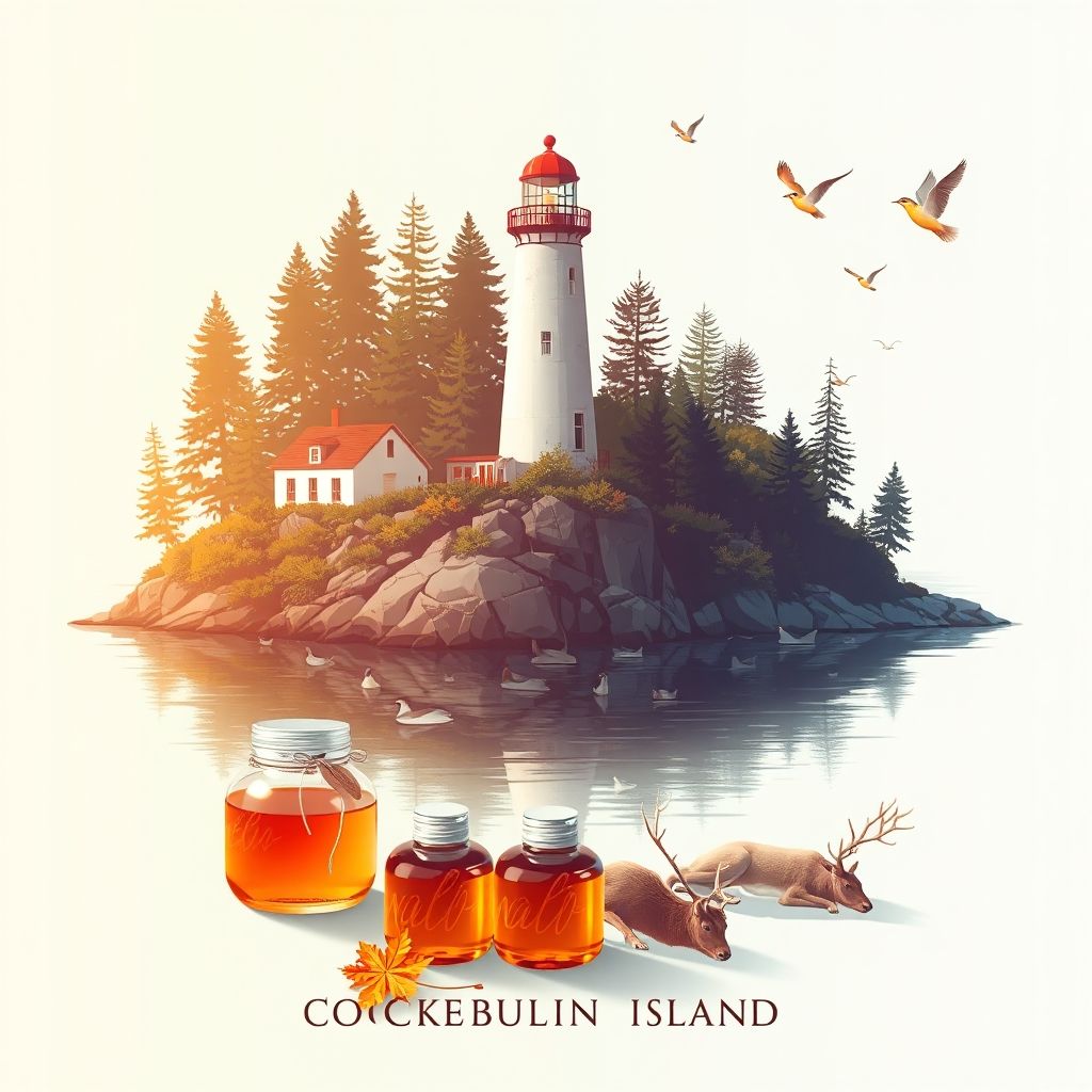 Ultra-high-definition gradient illustration of Cockburn Island featuring a lighthouse, Lake Huron shorelines, wildlife, and maple syrup products.