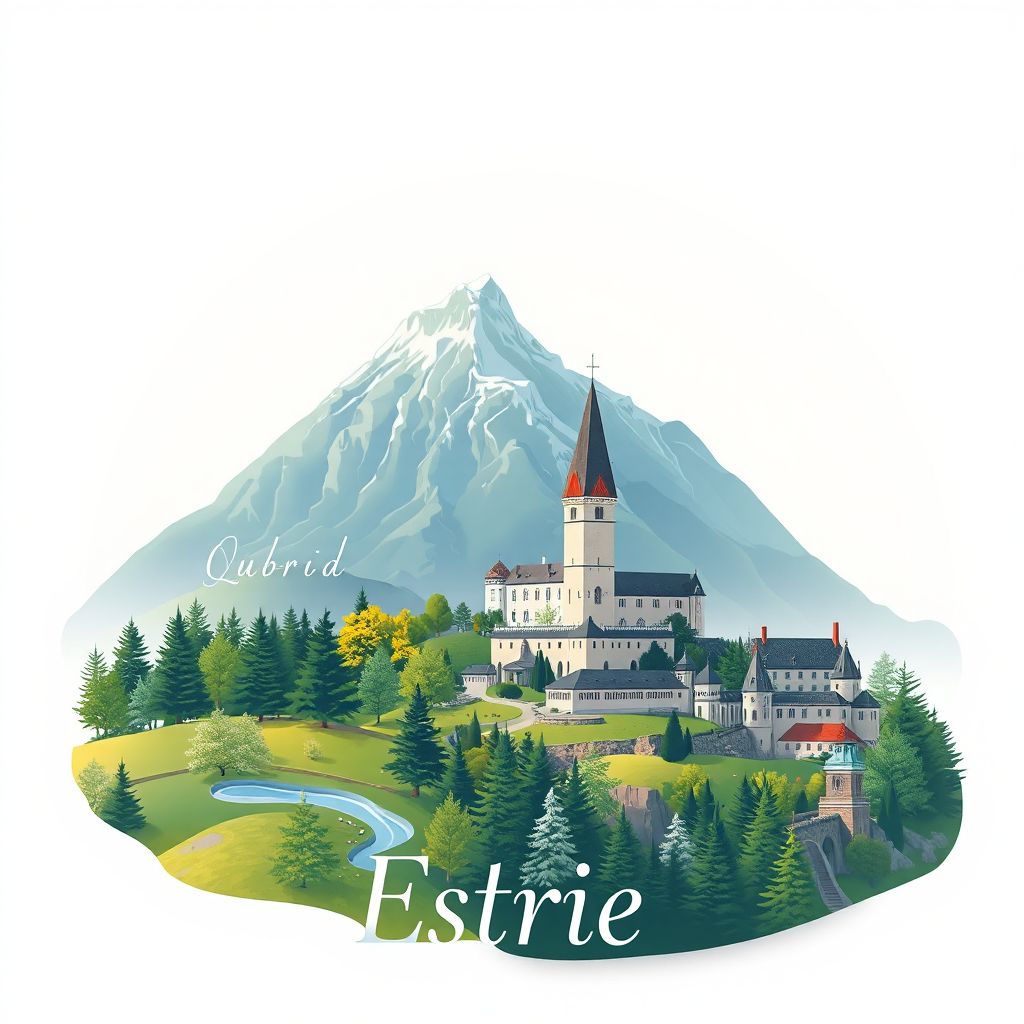 Ultra-high-definition gradient illustration style Estrie illustration, showing the unique charm of Mont Orford, Parc national du Mont-Mégantic, and the Abbaye de Saint-Benoît-du-Lac.