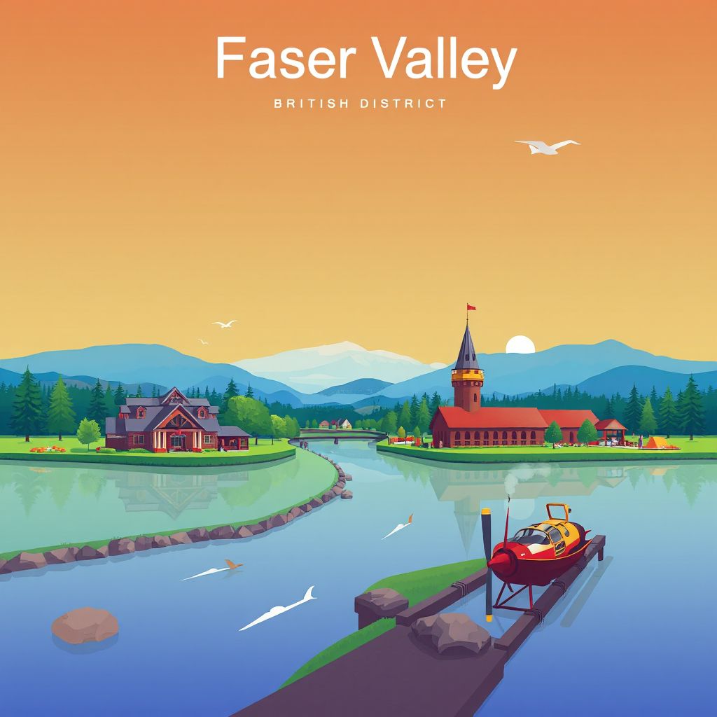 Ultra-high-definition gradient illustration of Fraser Valley Regional District, featuring Fort Langley National Historic Site and Abbotsford International Airshow.