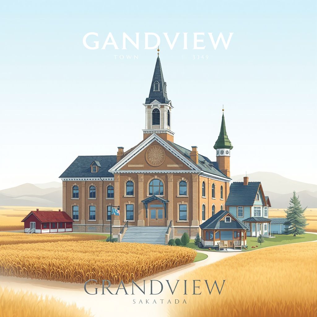 Ultra-high-definition gradient illustration style Grandview No. 349 illustration, showing the unique charm of the Grandview Town Hall, local wheat fields, and the historic Grandview Museum.